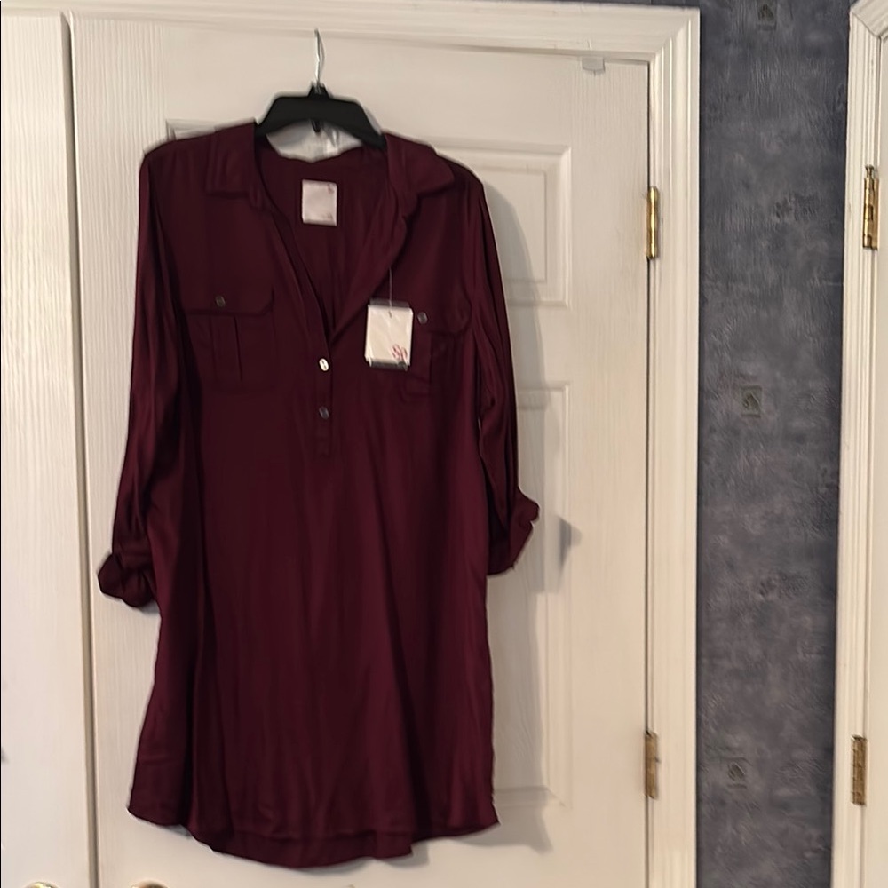 Red Relaxed Tunic with Cuffed Sleeves and Polo Collar